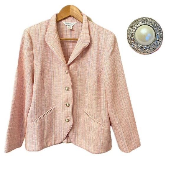 Vintage Elisabeth Williams Pink Pearl Button Tweed Woven Blazer Women's sz 10P - Picture 1 of 13